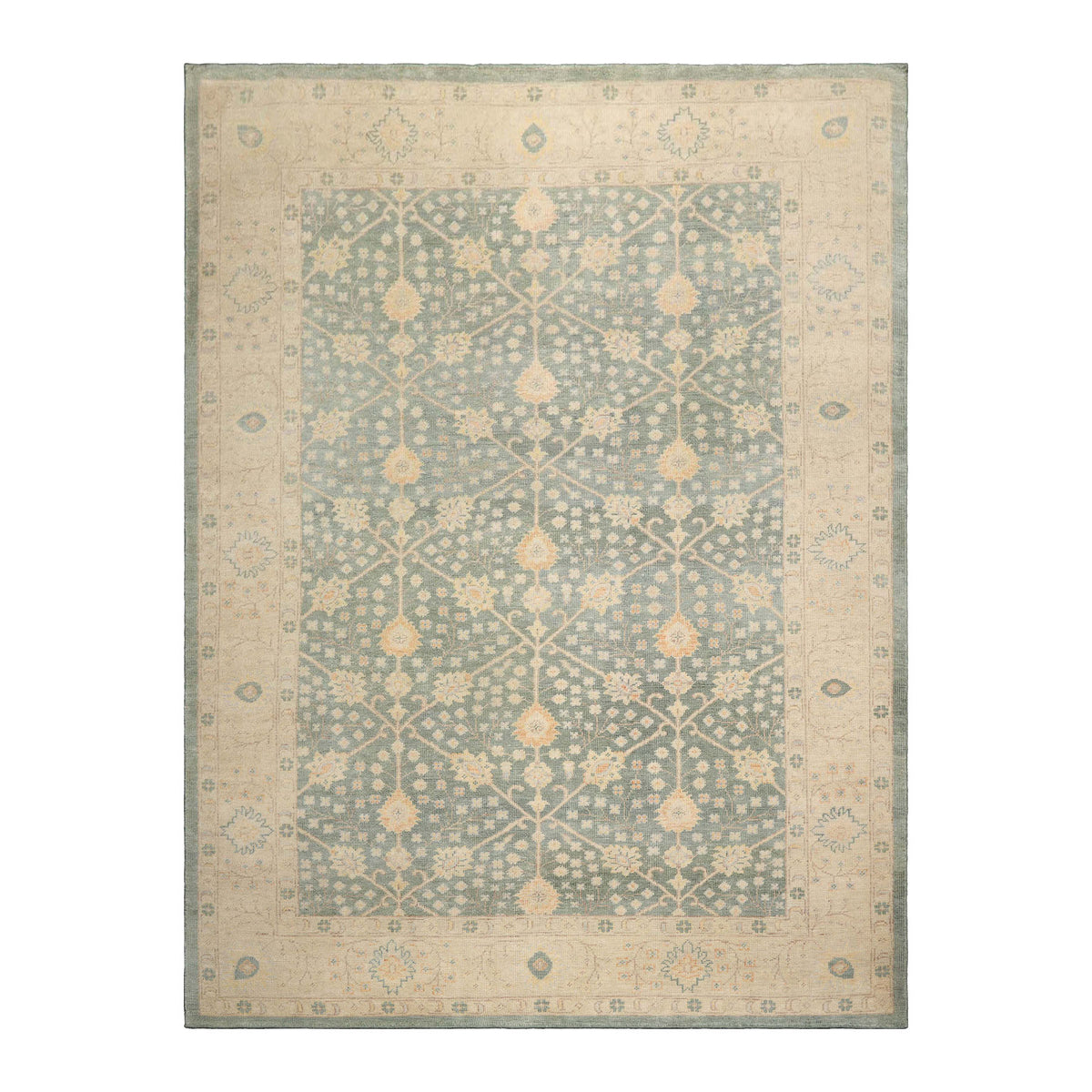 Multi Size Green Beige Caramel Color Hand Knotted Oushak Wool Antique Oriental Rug