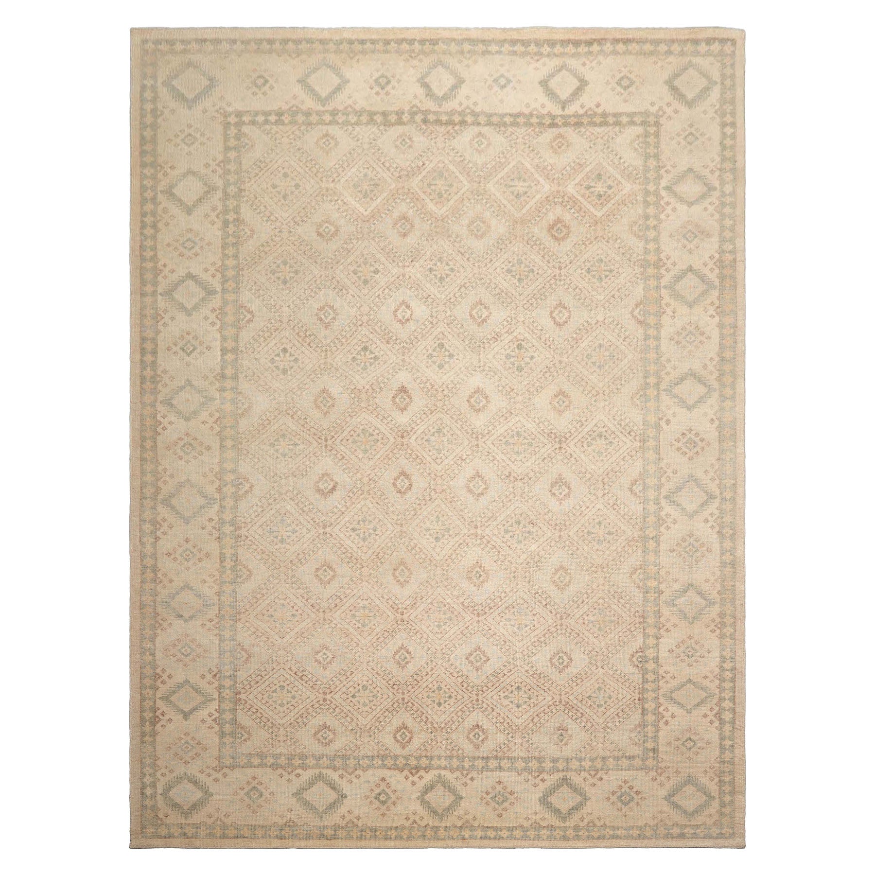 Multi Size Beige Tan Sage Color Hand Knotted Oushak Wool Transitional Oriental Rug