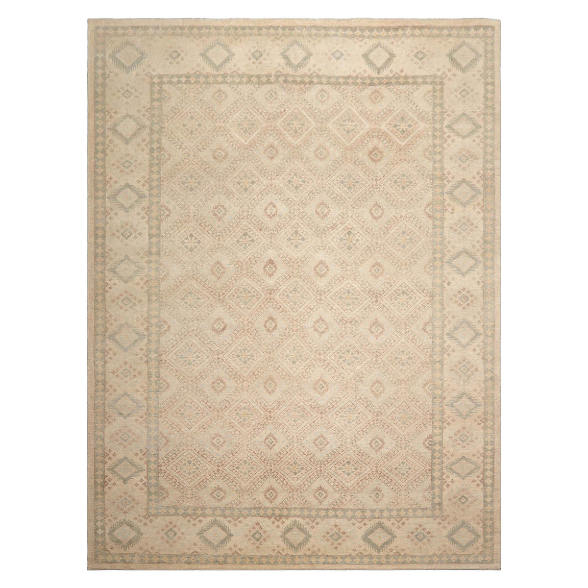 Multi Size Beige Tan Sage Color Hand Knotted Oushak Wool Transitional Oriental Rug