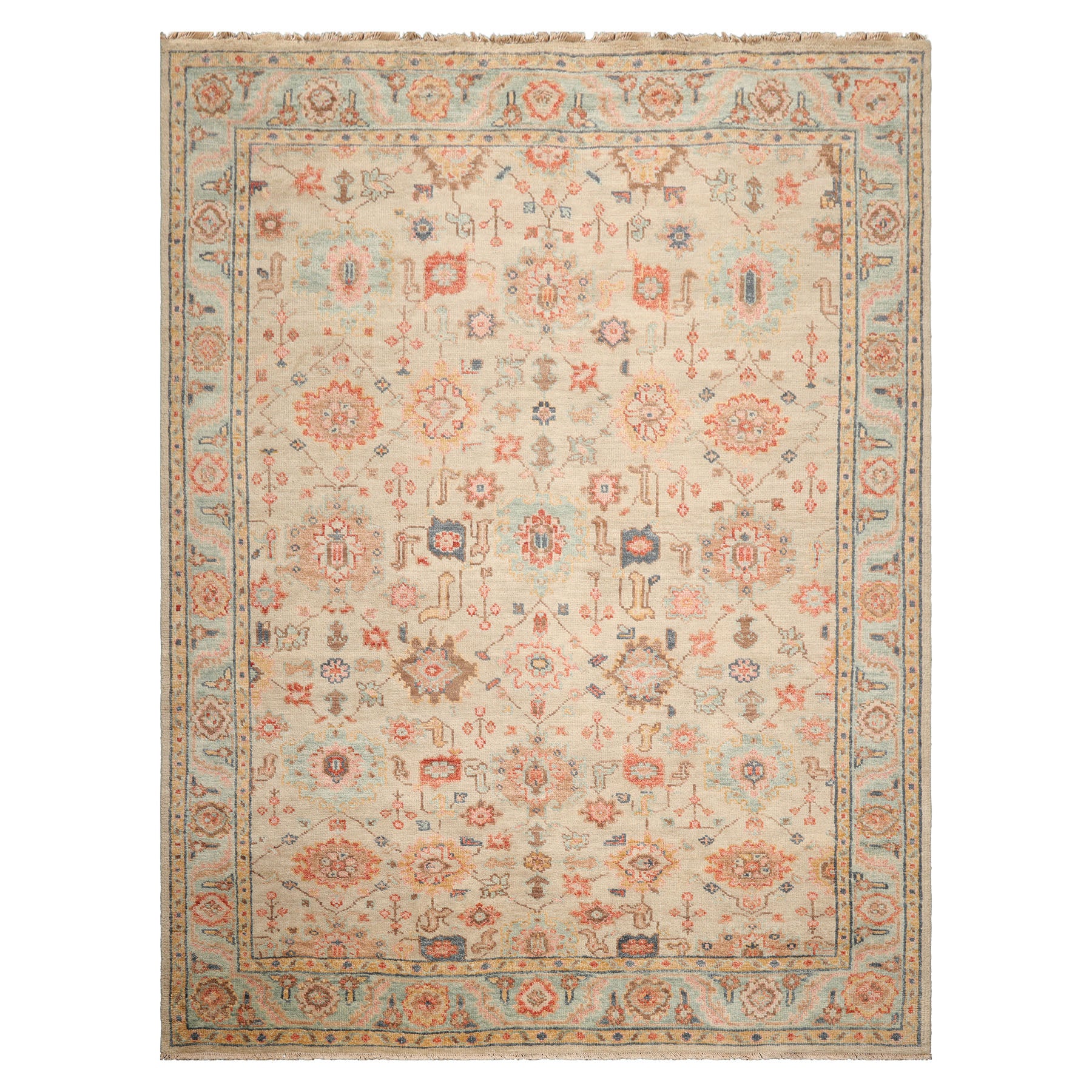 Multi Size Beige Turquoise Gold Color Hand Knotted Oushak Wool Traditional Oriental Rug
