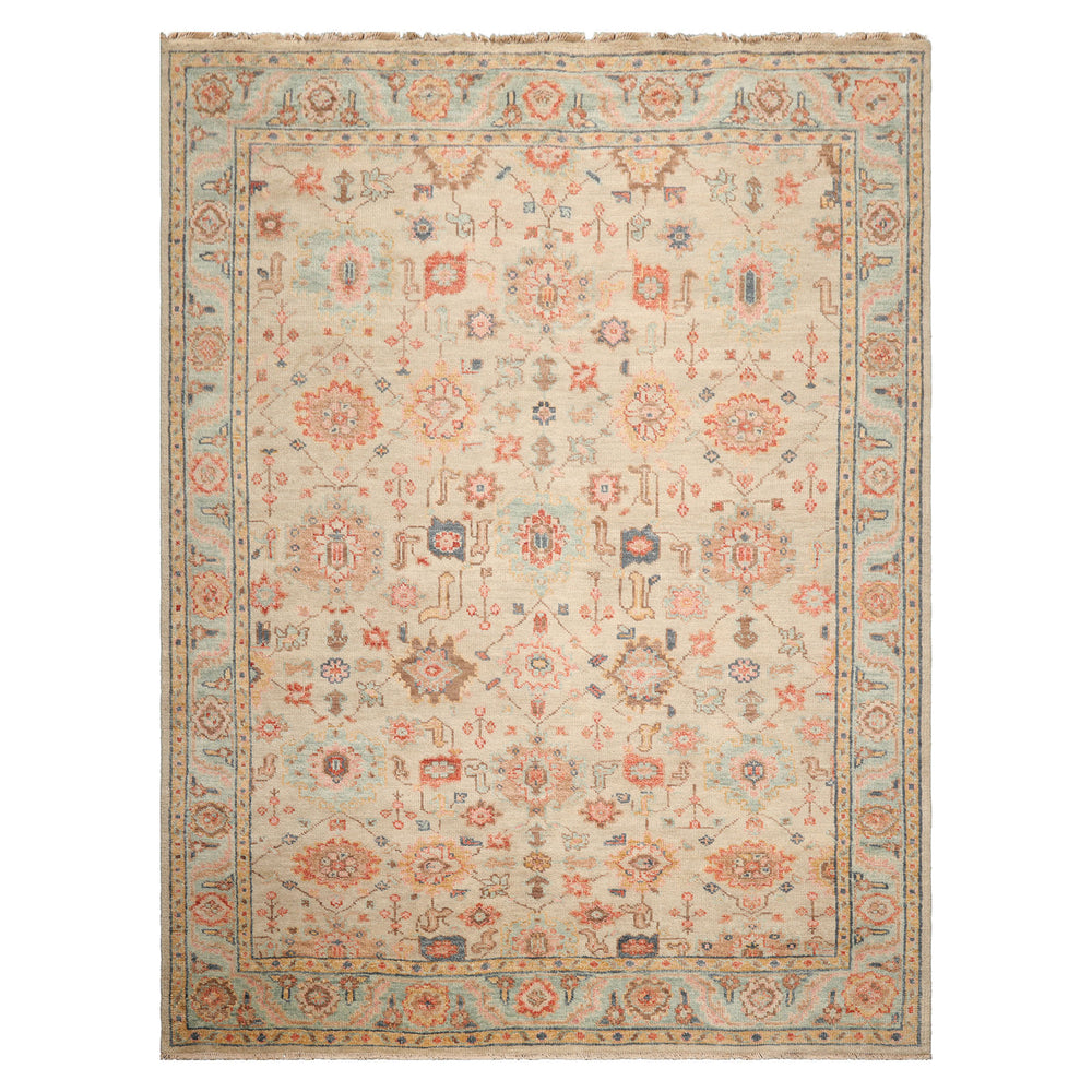 Multi Size Beige Turquoise Gold Color Hand Knotted Oushak Wool Traditional Oriental Rug