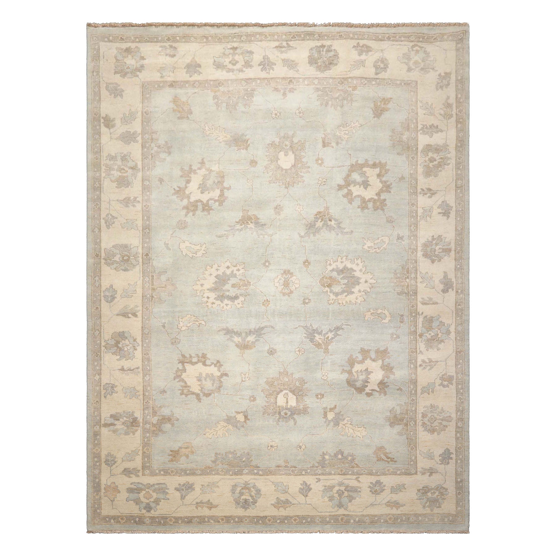 Multi Size Mint Ivory Brown Color Hand Knotted Oushak Wool Traditional Oriental Rug