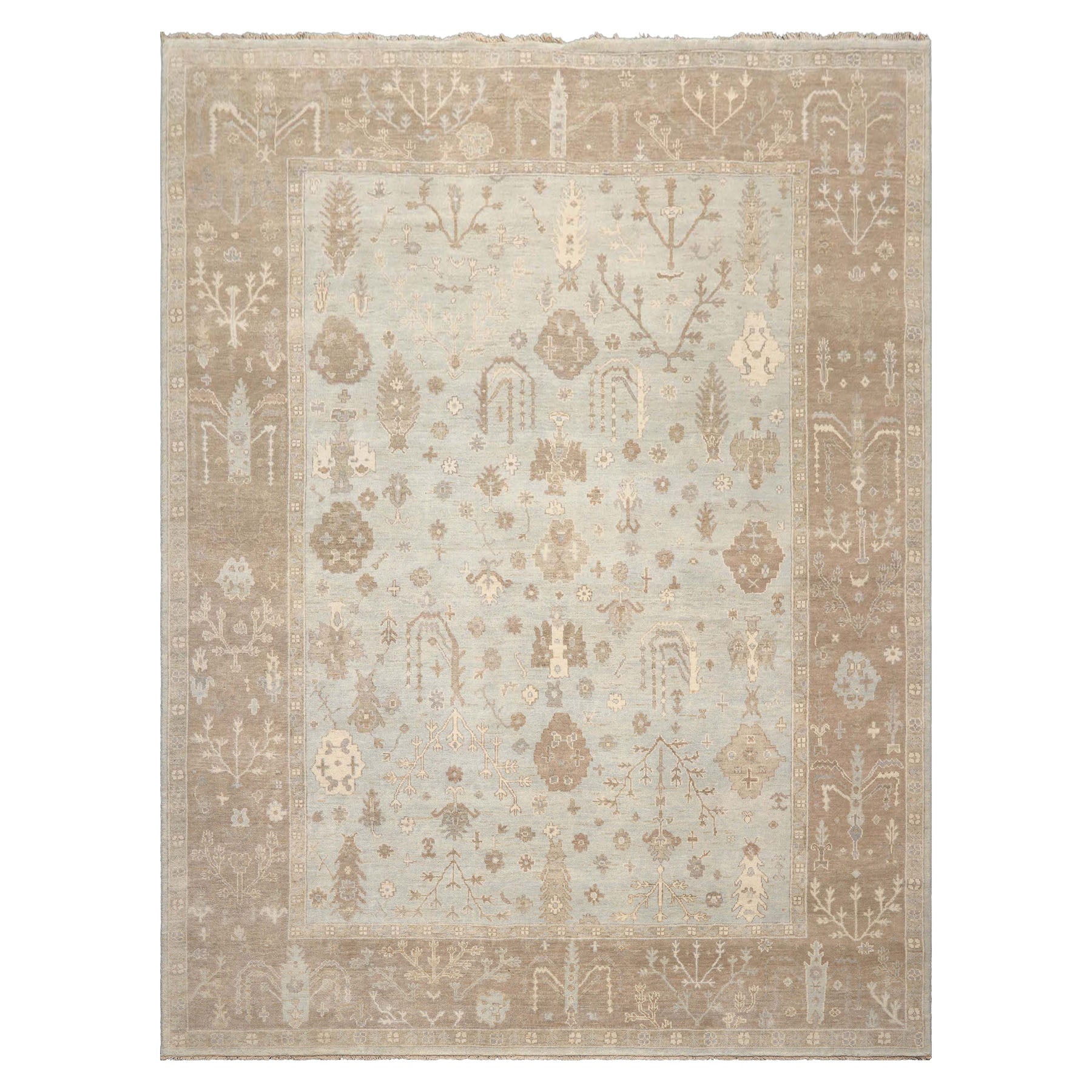 Multi Size Sage Taupe Ivory Color Hand Knotted Oushak Wool Traditional Oriental Rug
