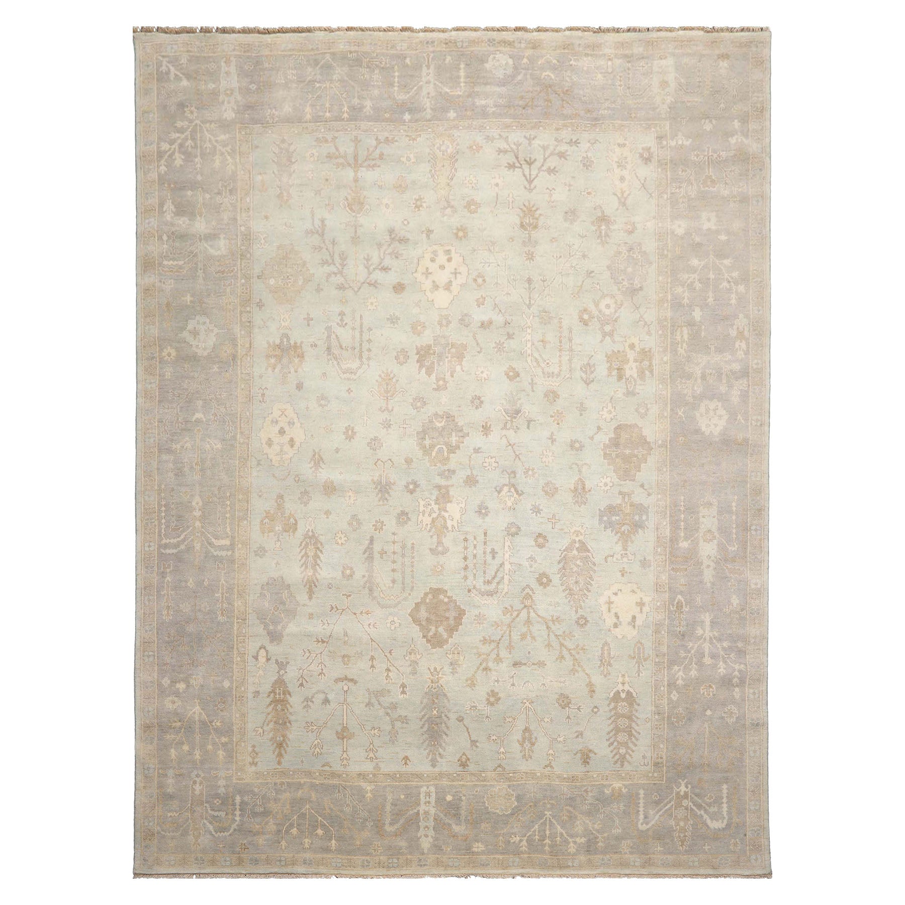 Multi Size Mint Gray Ivory Color Hand Knotted Oushak Wool Traditional Oriental Rug