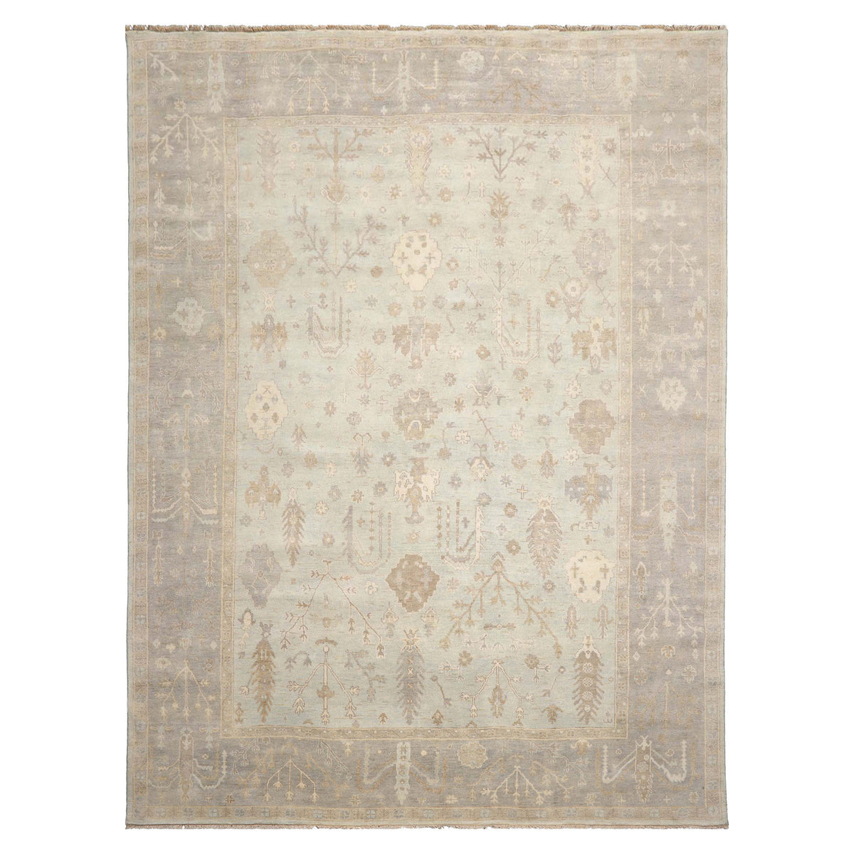 Multi Size Mint Gray Ivory Color Hand Knotted Oushak Wool Traditional Oriental Rug