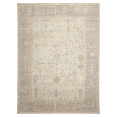 Multi Size Mint Gray Ivory Color Hand Knotted Oushak Wool Traditional Oriental Rug