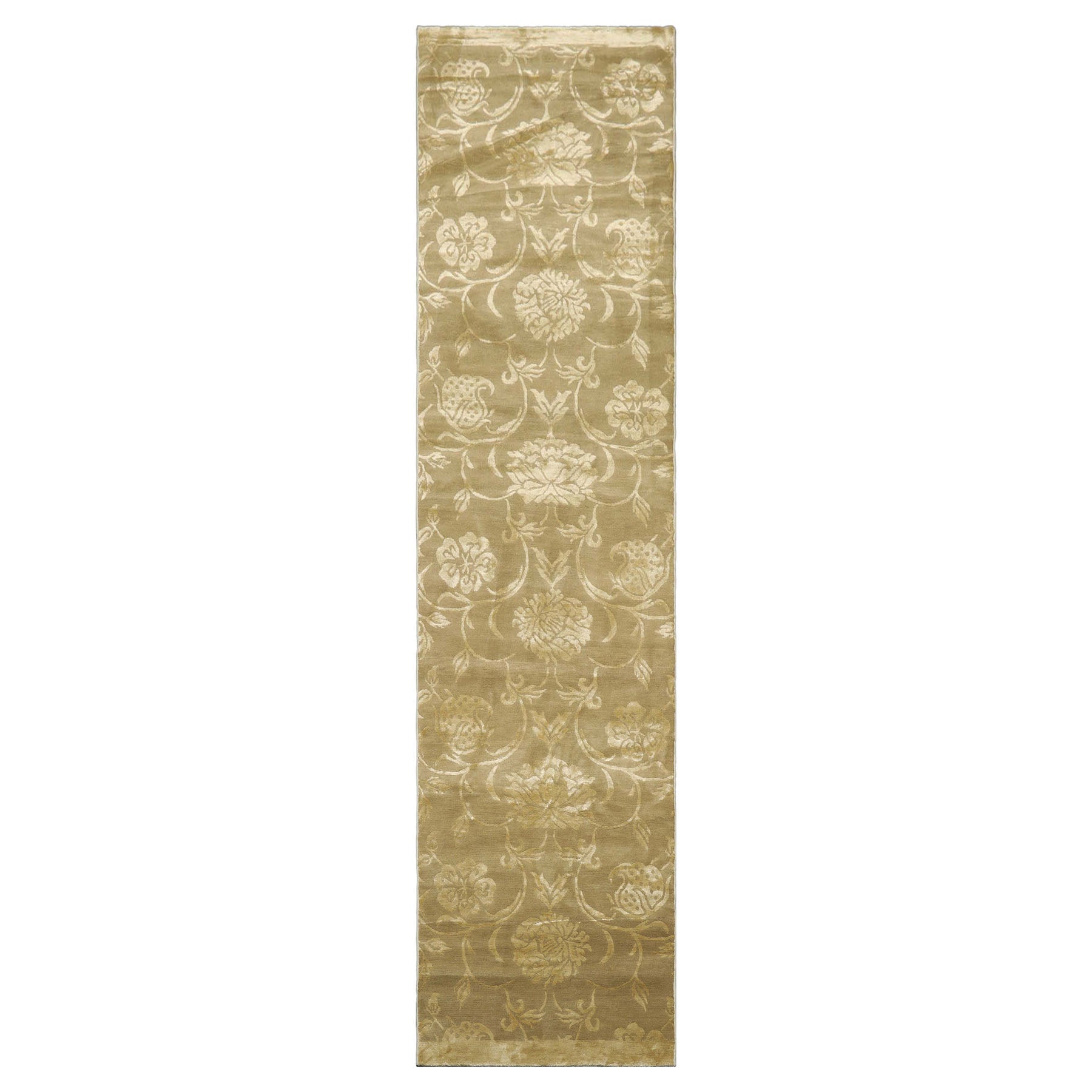 3x12 Tone on Tone Green, , Color Hand Knotted Tibetan Wool & Silk Transitional Oriental Rug