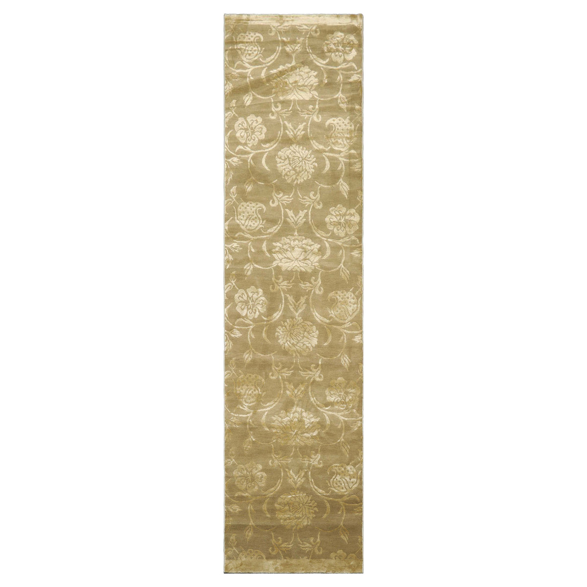 3x12 Tone on Tone Green, , Color Hand Knotted Tibetan Wool & Silk Transitional Oriental Rug