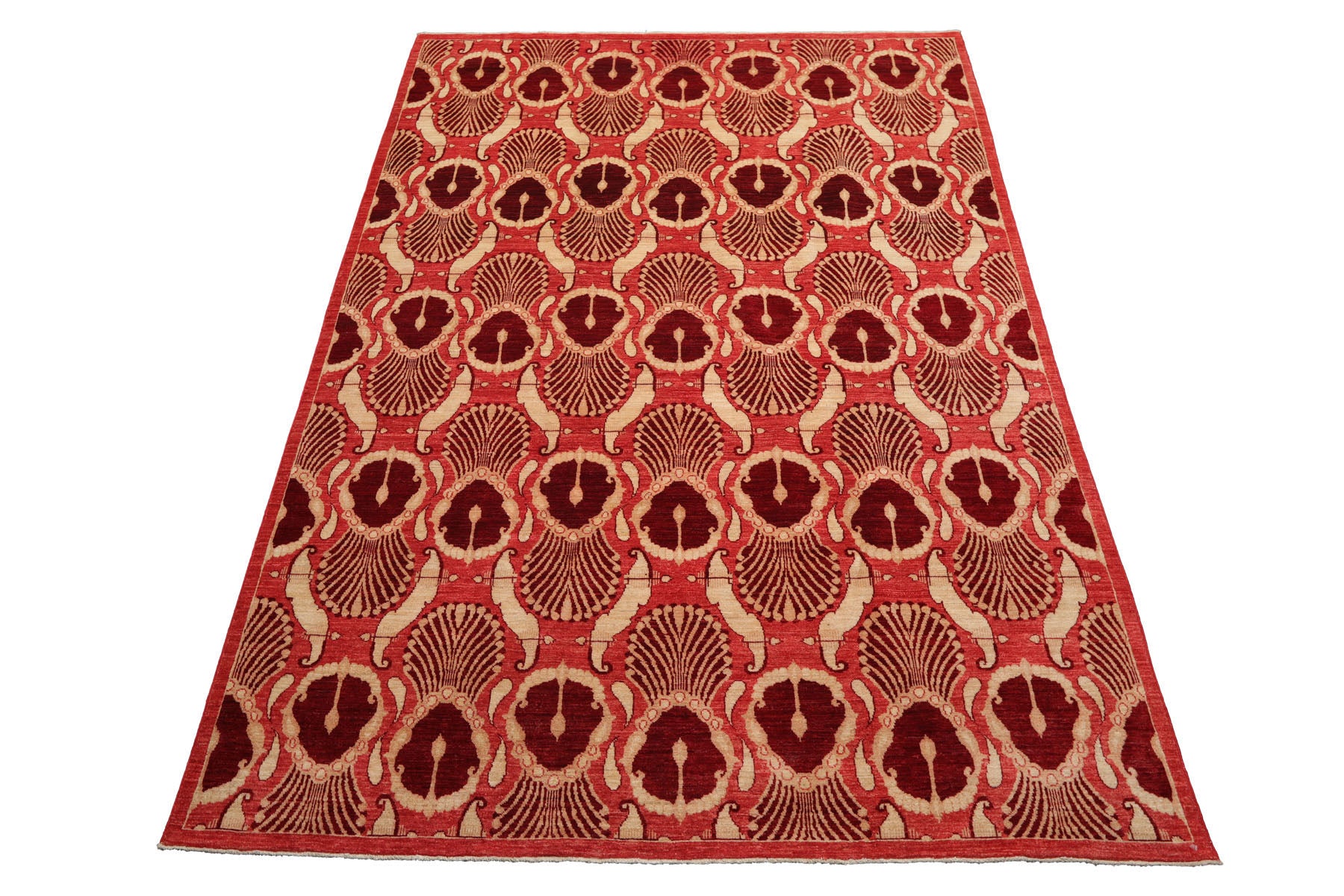 Knotted Rug Coral Hand Knotted 5'11''x8'11" Art Deco Art Deco 200 KPSI Wool Oriental Area Rug