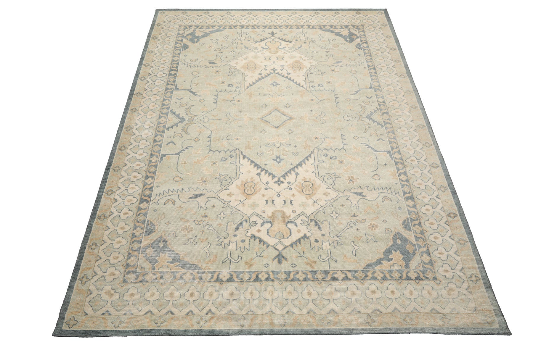Knotted Rug Green Beige Hand Knotted Multi Size Wool Oushak Traditional Rugs