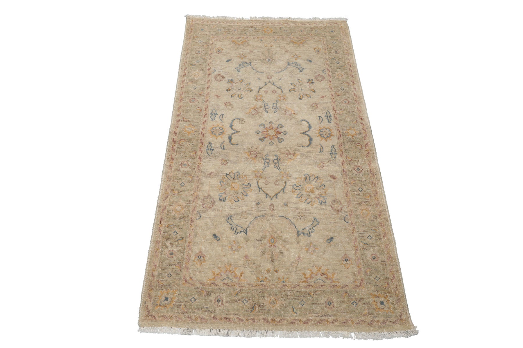 3x5 Beige, Rust, Blue Color Hand Knotted Afghan Oushak Wool Transitional Oriental Rug
