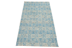Knotted Rug Blue Hand Knotted 3'0''x5'0" Afghan Moroccan Modern Contemporary Tribal Wool Oriental Area Rug