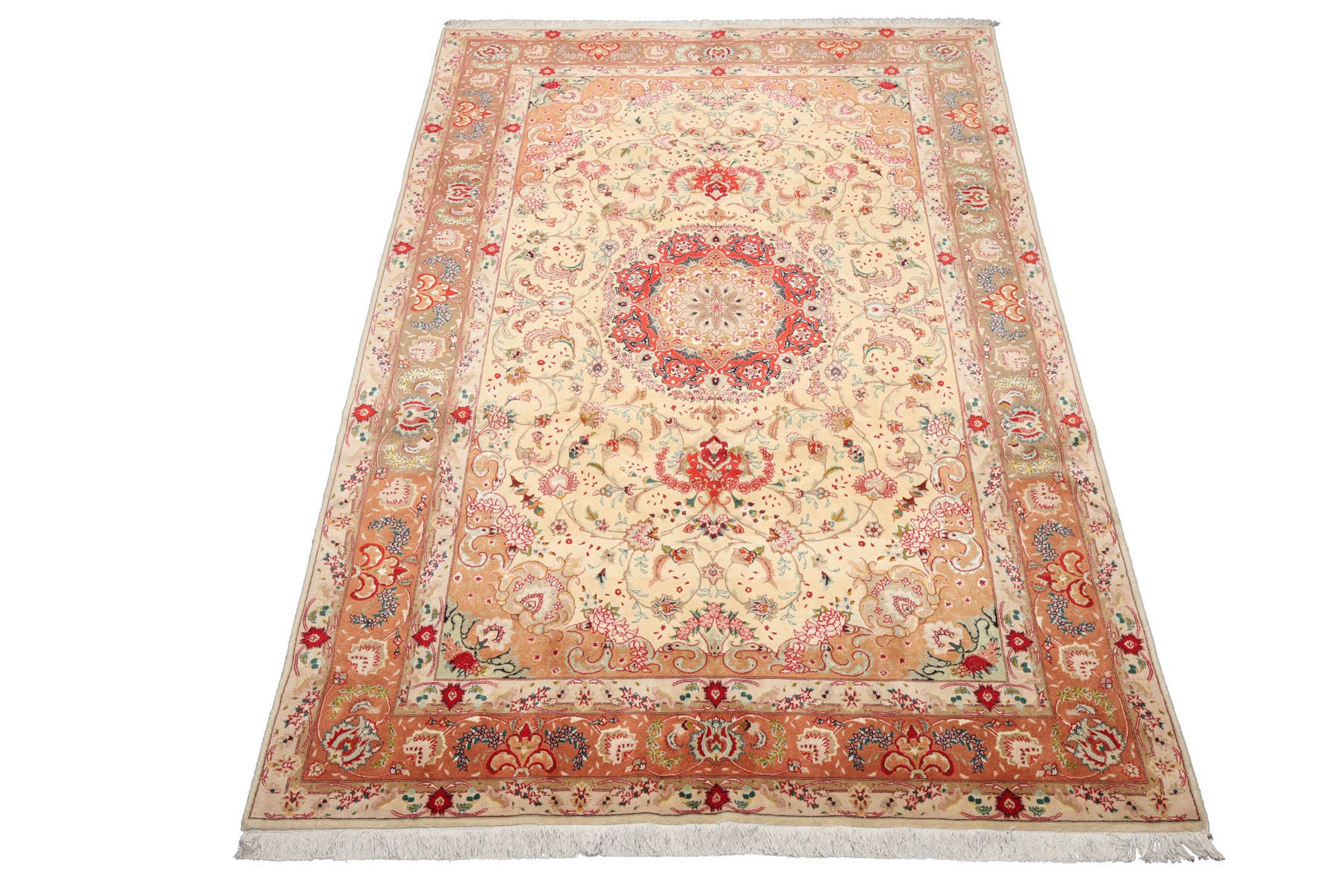 Knotted Rug Ivory Peach Hand Knotted 6'x9' Tabriz Traditional 300 KPSI Wool and Silk Oriental Area Rug