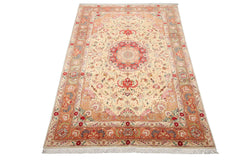 Knotted Rug Ivory Peach Hand Knotted 6'x9' Tabriz Traditional 300 KPSI Wool and Silk Oriental Area Rug