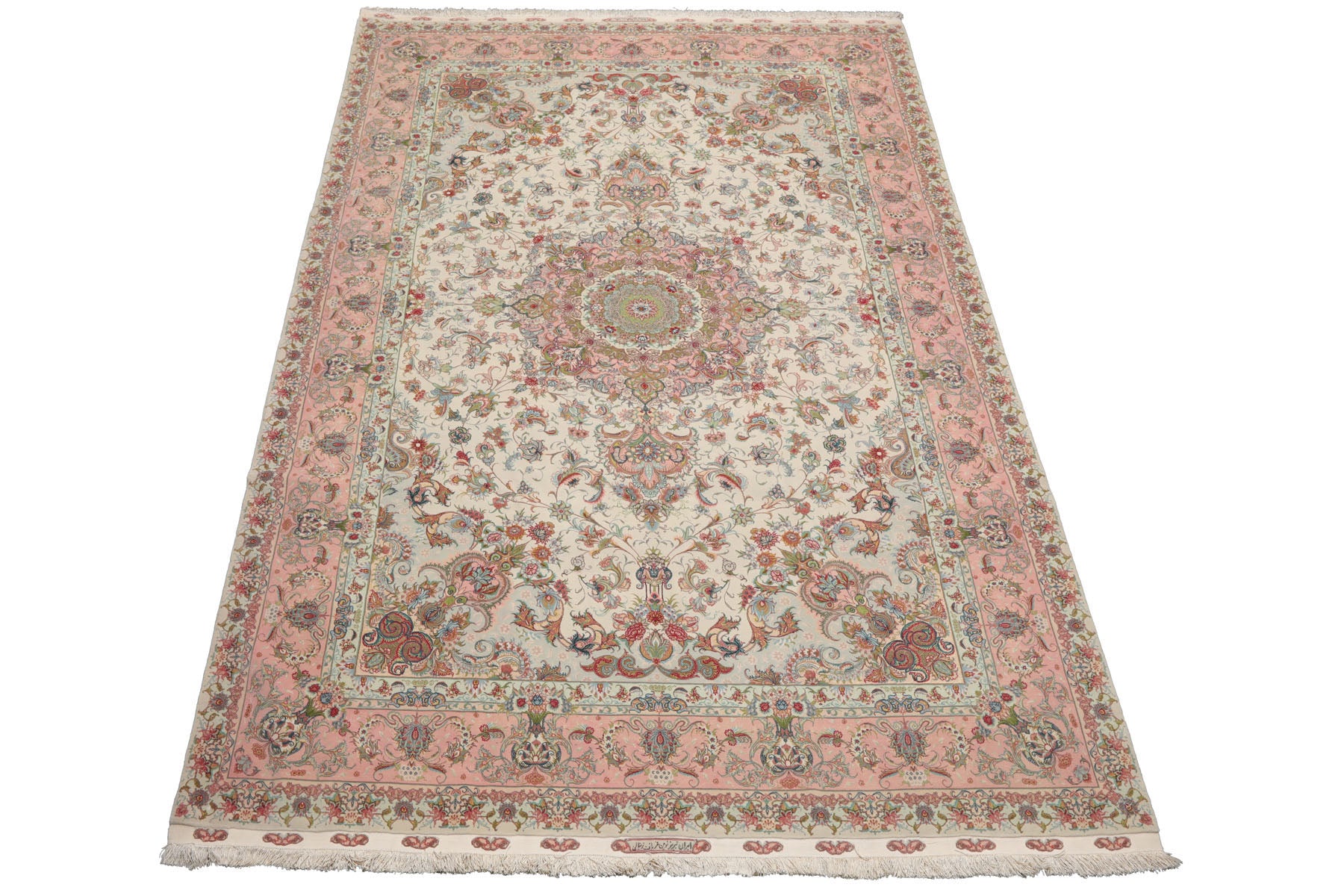 Knotted Rug Ivory Blush Hand Knotted 6'x9' Tabriz Master Weaver Signed Traditional 400 KPSI Wool and Silk Oriental Area Rug