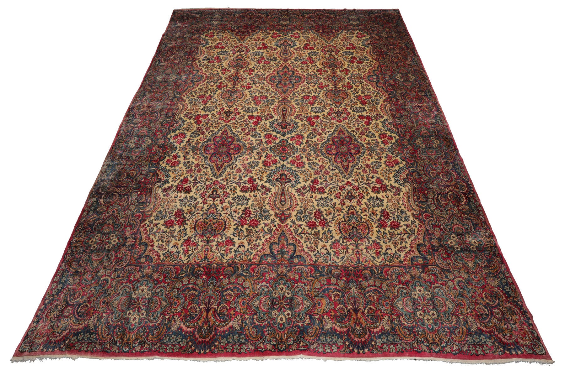 Knotted Rug Ivory Blue Hand Knotted Palace Size Antique Isfahan Traditional 300 KPSI 100% Wool Oriental Area Rug