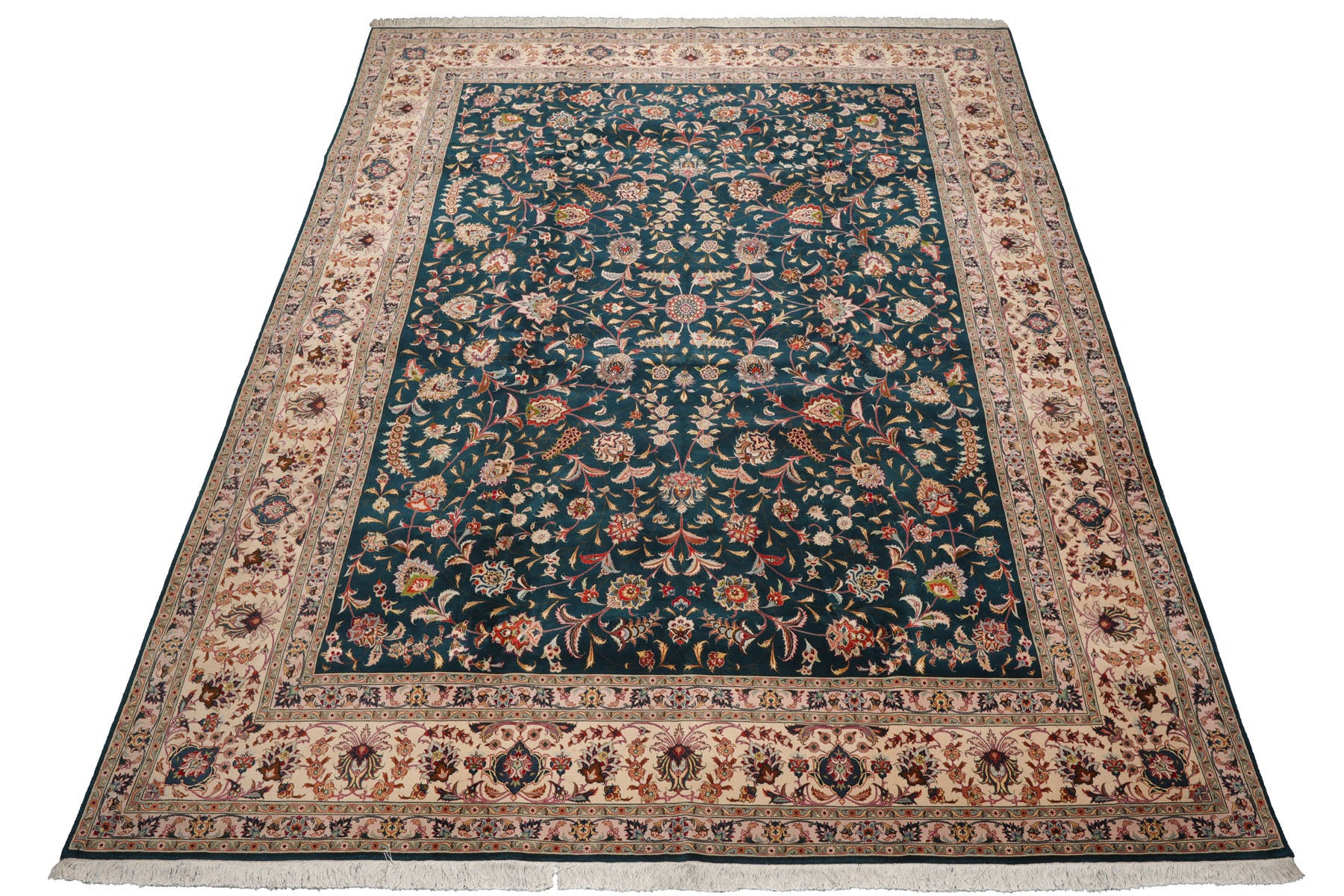 Knotted Rug Teal Beige Hand Knotted 10'x14' Tabriz Traditional 400 KPSI Wool and Silk Oriental Area Rug