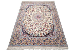 Knotted Rug Cream Taupe Hand Knotted 9'x12' Traditional 400 KPSI Wool and Silk Oriental Area Rug