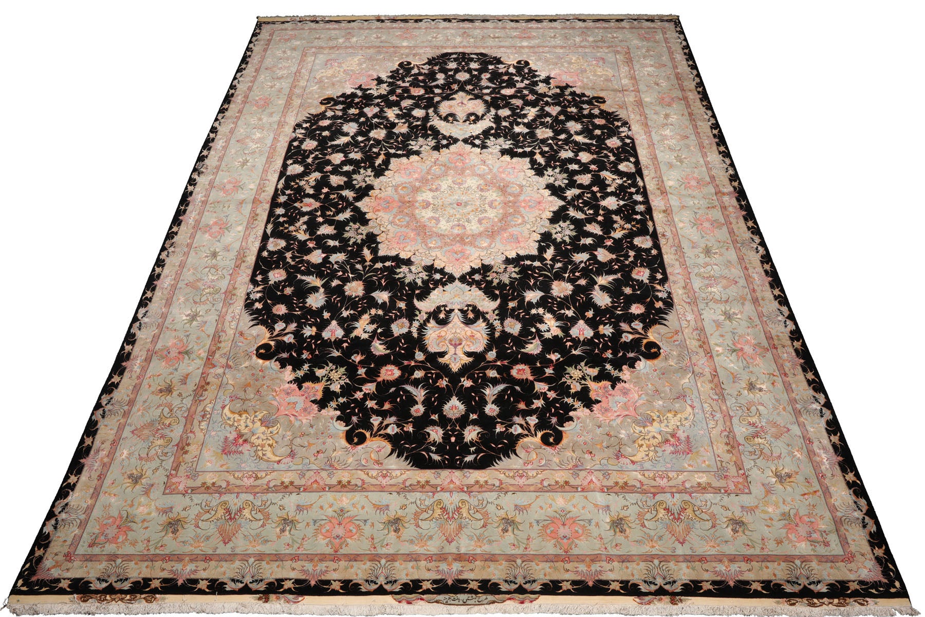 Knotted Rug Black Aqua Hand Knotted Palace Size Tabriz Traditional 400 KPSI Wool and Silk Oriental Area Rug