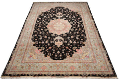 Knotted Rug Black Aqua Hand Knotted Palace Size Tabriz Traditional 400 KPSI Wool and Silk Oriental Area Rug