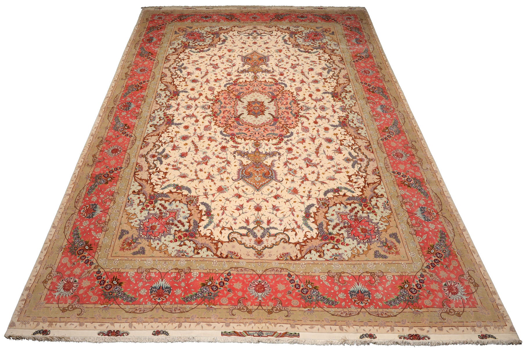 Knotted Rug Ivory Rose Hand Knotted Palace Size Tabriz Master Weaver Signed Traditional 350 KPSI Wool and Silk Oriental Area Rug