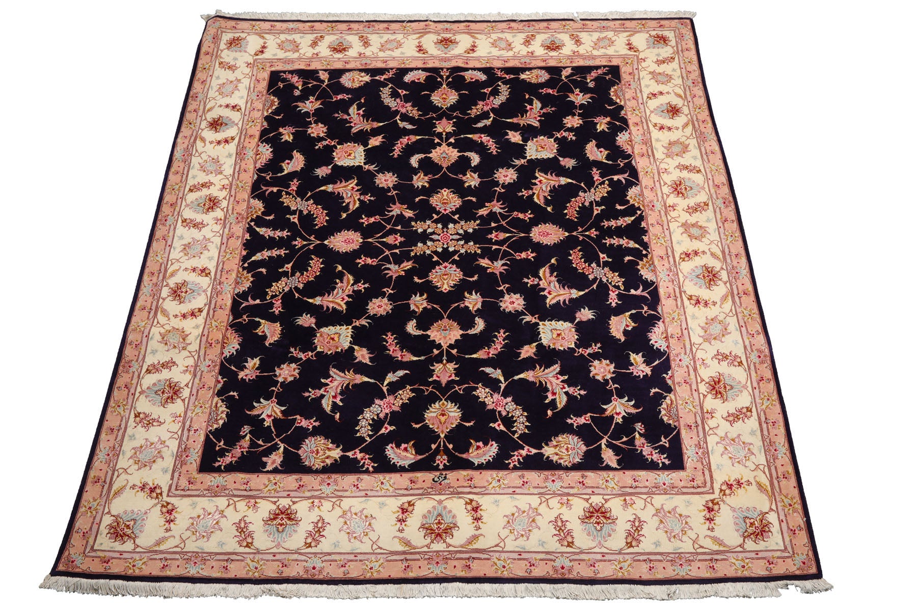 Knotted Rug Blue Ivory Hand Knotted 5'x7' Persian Tabriz Traditional 300 KPSI Wool and Silk Oriental Area Rug