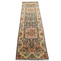 2'6x8 Teal, Gray, Rust Color Hand Knotted Oushak Wool Traditional Oriental Rug