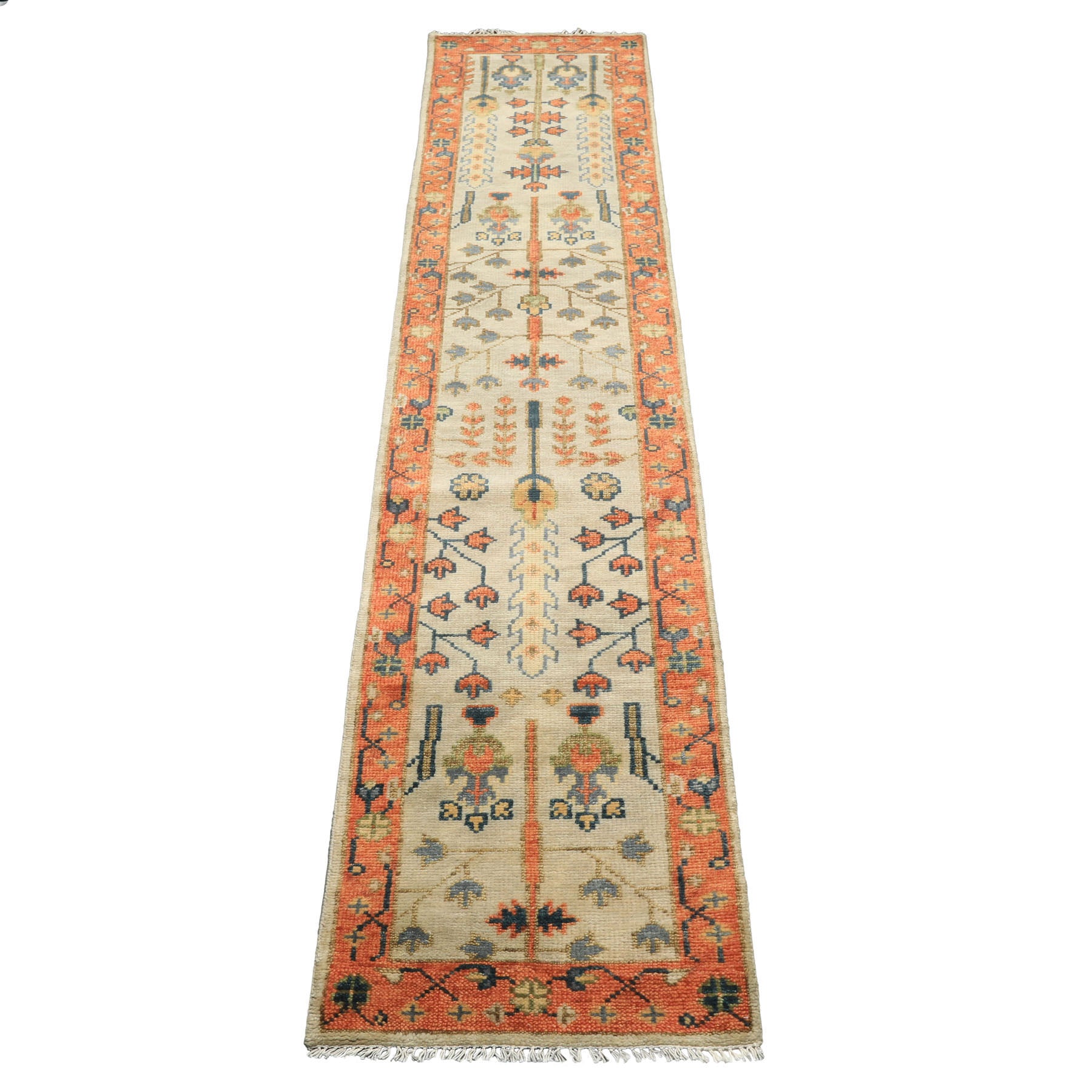 2'6x12 Beige, Burnt Orange, Lime Color Hand Knotted Oushak Wool Traditional Oriental Rug