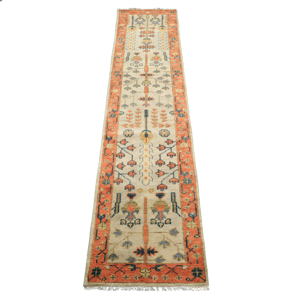 2'6x12 Beige, Burnt Orange, Lime Color Hand Knotted Oushak Wool Traditional Oriental Rug