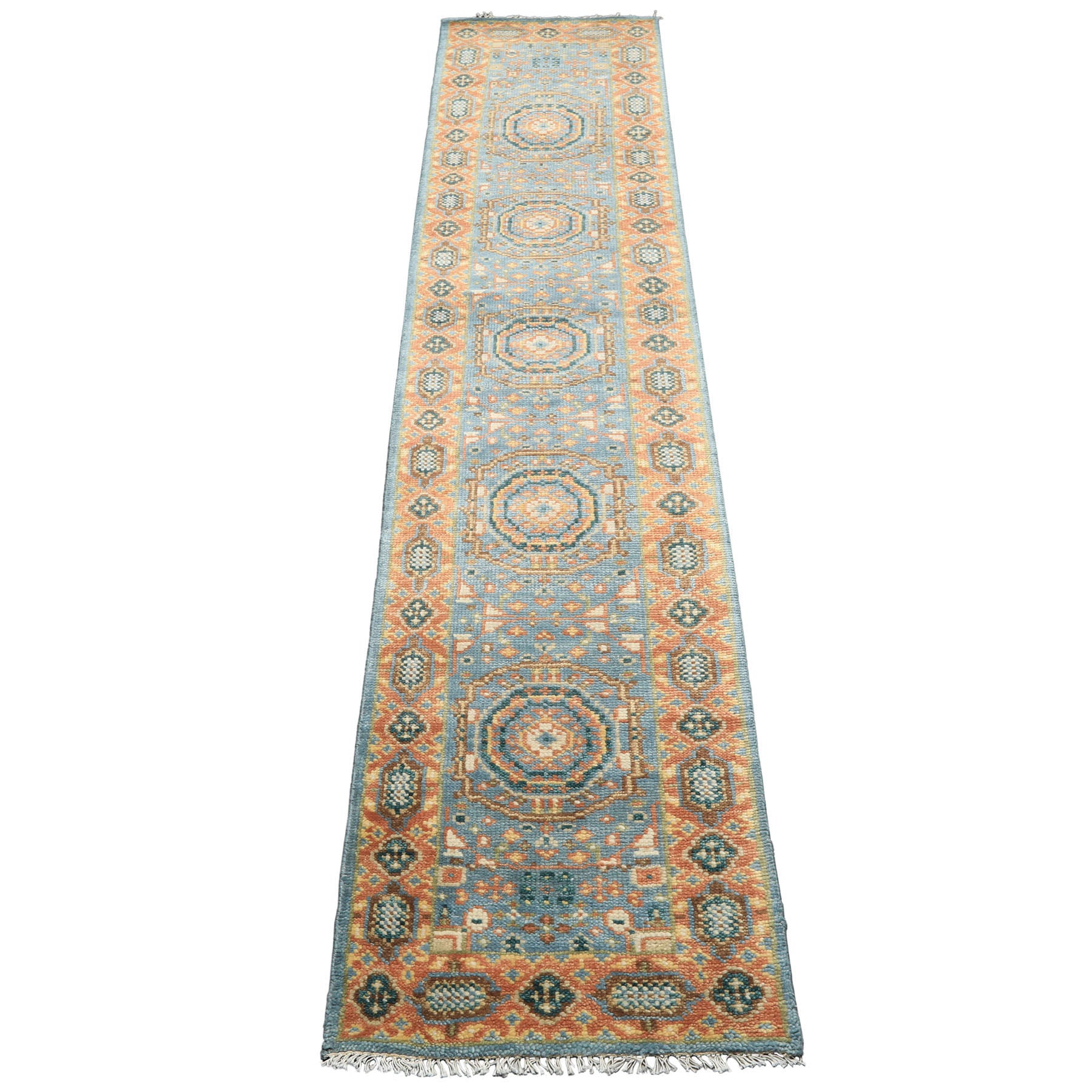 2'6x12 Aqua, Burnt Orange, Lime Color Hand Knotted Oushak Wool Traditional Oriental Rug