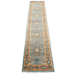 2'6x12 Aqua, Burnt Orange, Lime Color Hand Knotted Oushak Wool Traditional Oriental Rug