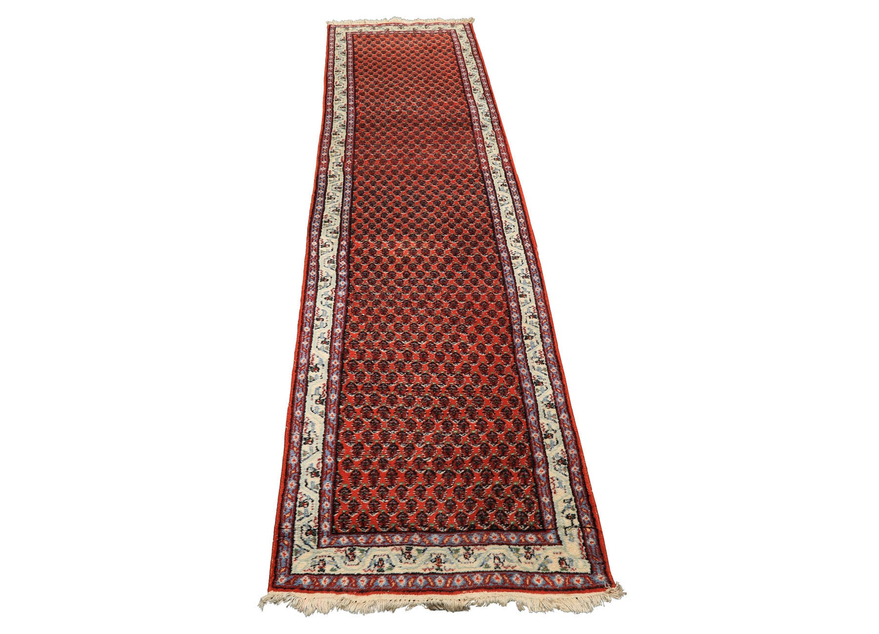 Runner Orange, Ivory, Celadon Color Hand Knotted  Wool Traditional Oriental Rug