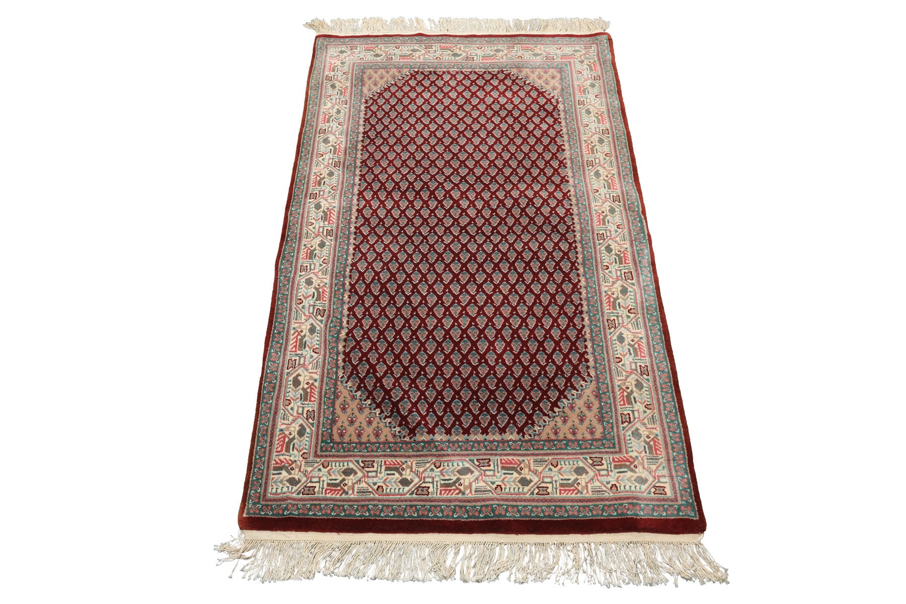 3x5 Maroon, Ivory, Aqua Color Hand Knotted  Wool Traditional Oriental Rug