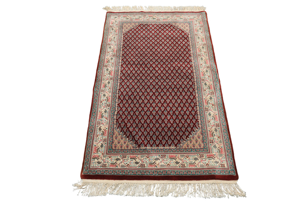 3x5 Maroon, Ivory, Aqua Color Hand Knotted  Wool Traditional Oriental Rug