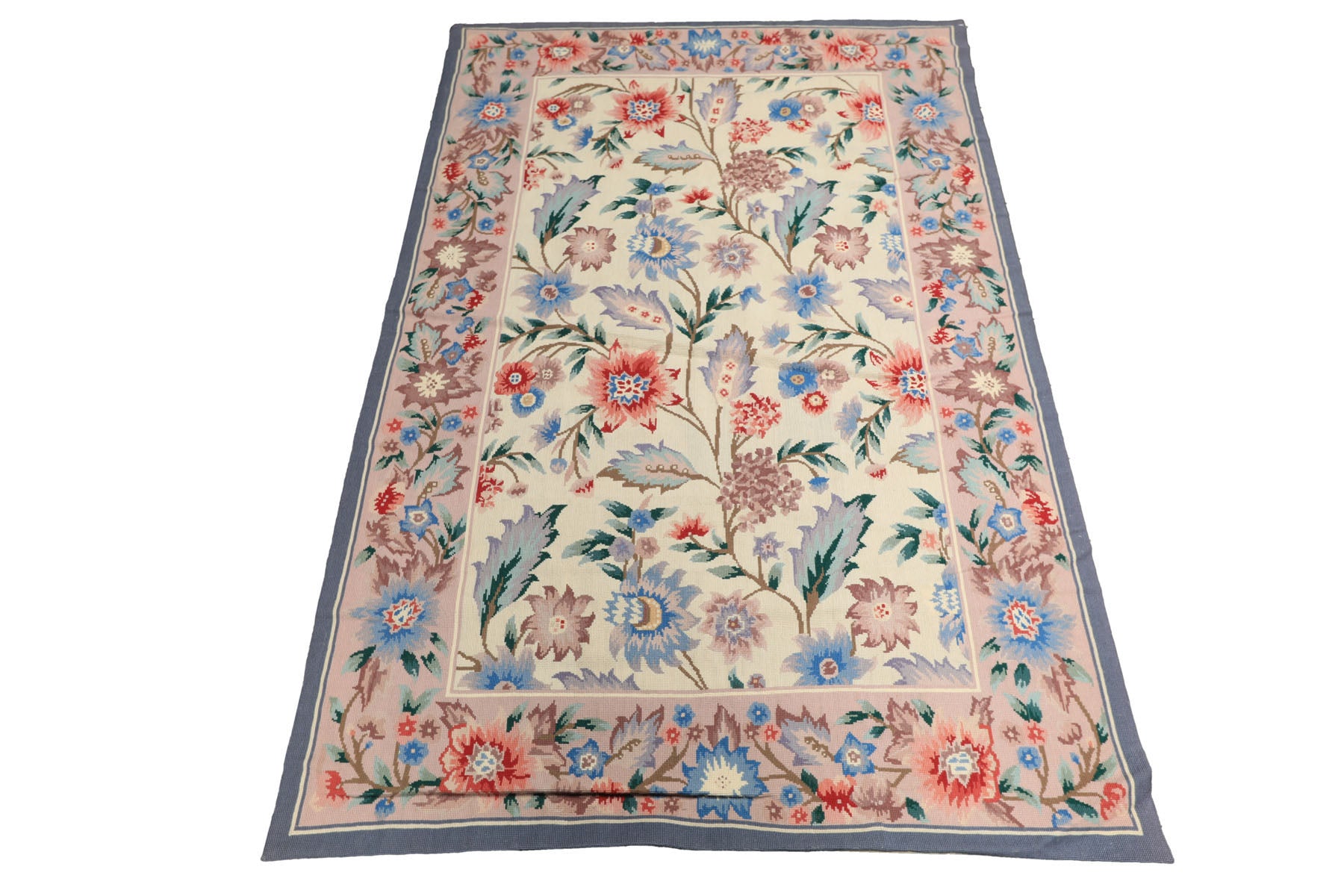 4x6 Ivory, Blush, Blue Color Hand Knotted French Aubusson Needlepoint Wool Traditional Oriental Rug