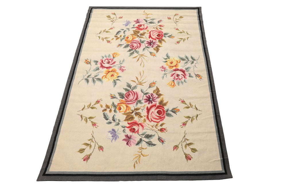 4x6 Ivory, Gray, Black Color Hand Knotted French Aubusson Needlepoint Wool Traditional Oriental Rug