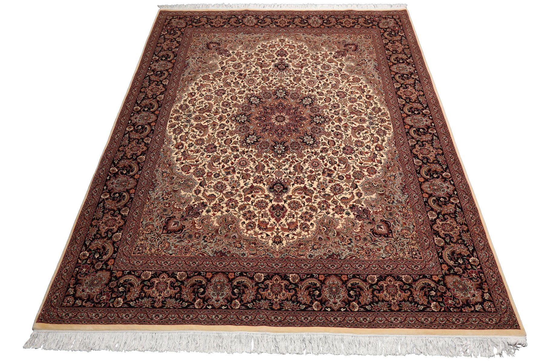 Knotted Rug Ivory Black Hand Knotted 8'x10' Pak Persian Tabriz Traditional 100% Wool Oriental Area Rug
