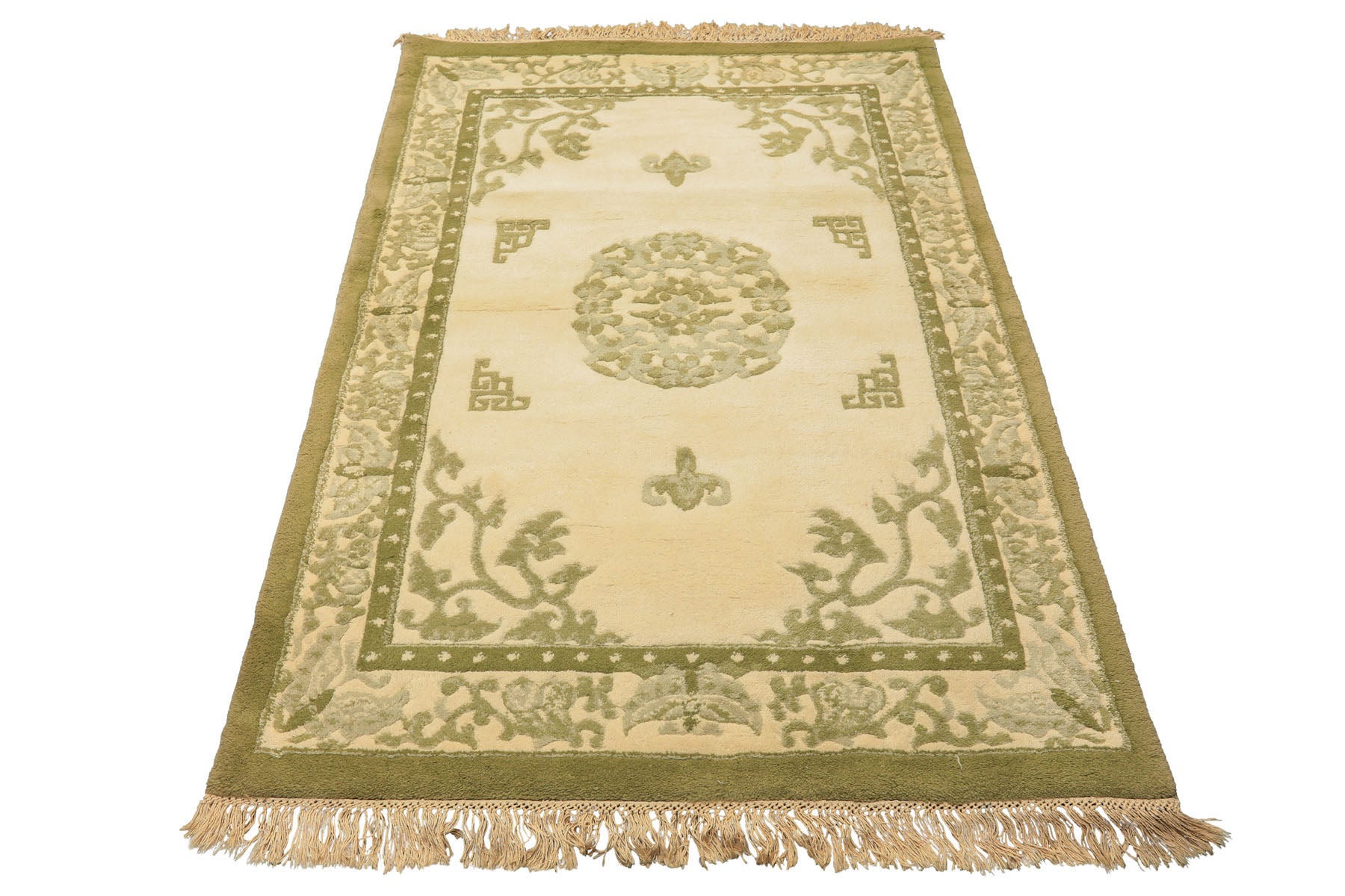 4x6 Ivory, Olive, Green Color Hand Knotted Indo Tibetan Wool  Oriental Rug
