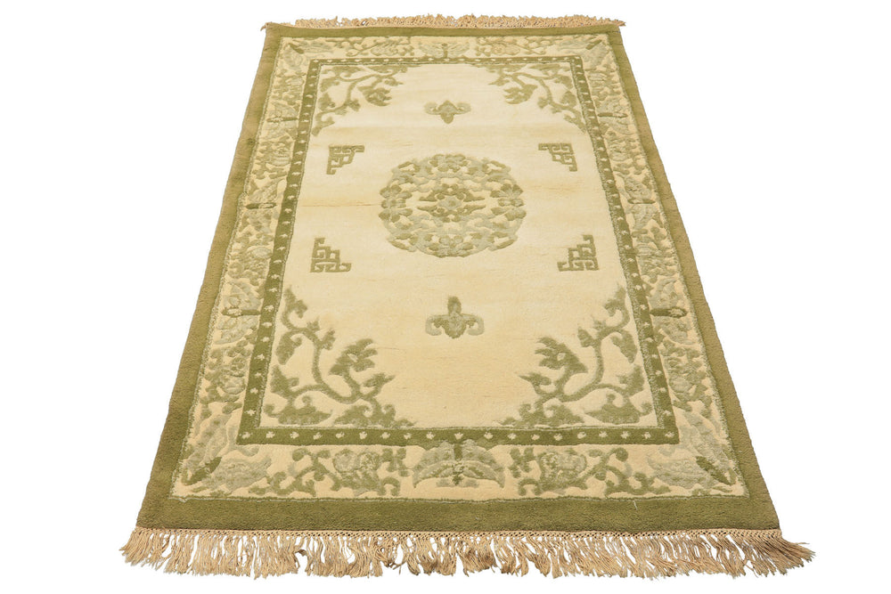 4x6 Ivory, Olive, Green Color Hand Knotted Indo Tibetan Wool  Oriental Rug