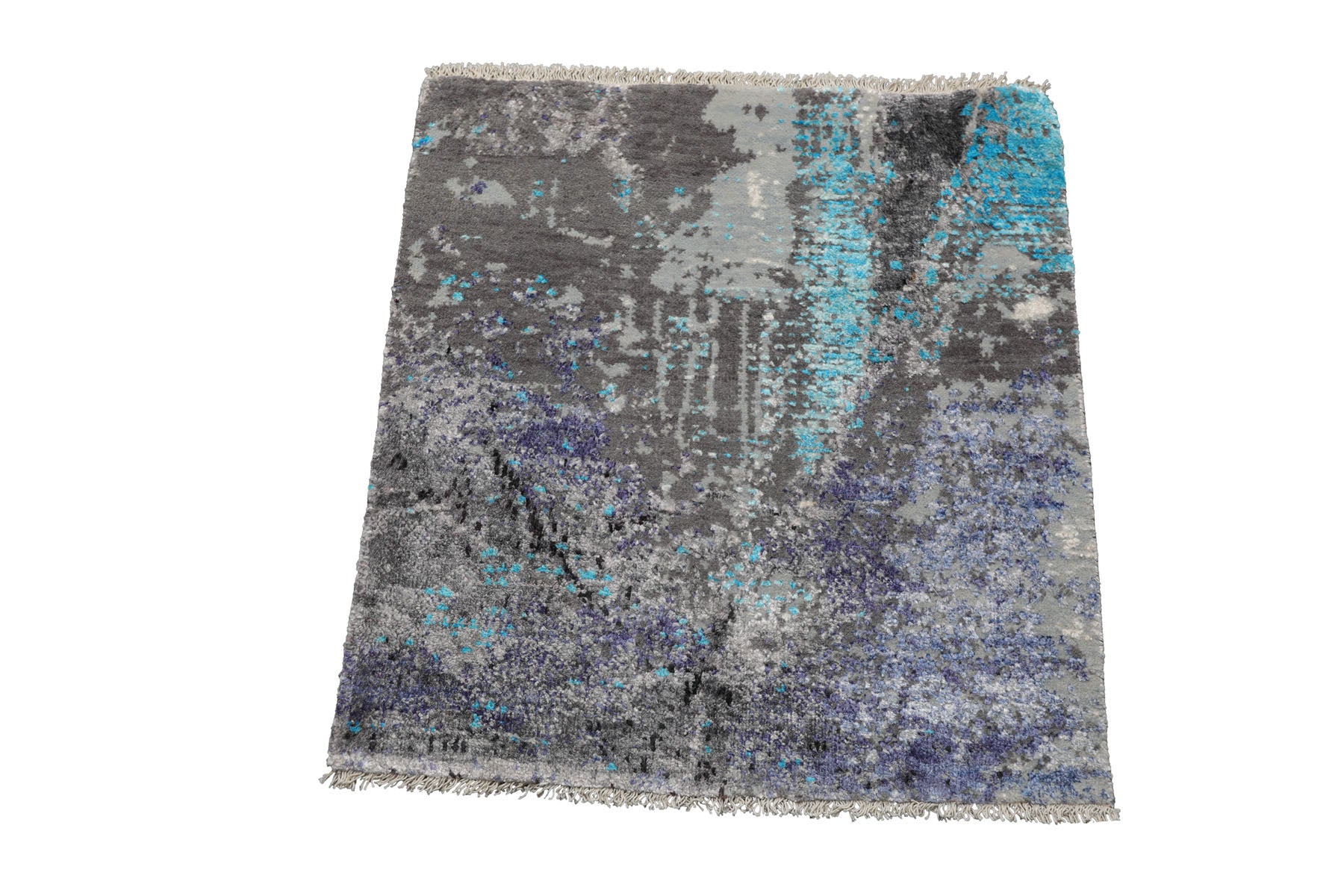 Knotted Rug Gray Hand Knotted Square Purple Tibetan Modern Contemporary Wool and Silk Oriental Area Rug