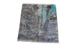Knotted Rug Gray Hand Knotted Square Purple Tibetan Modern Contemporary Wool and Silk Oriental Area Rug