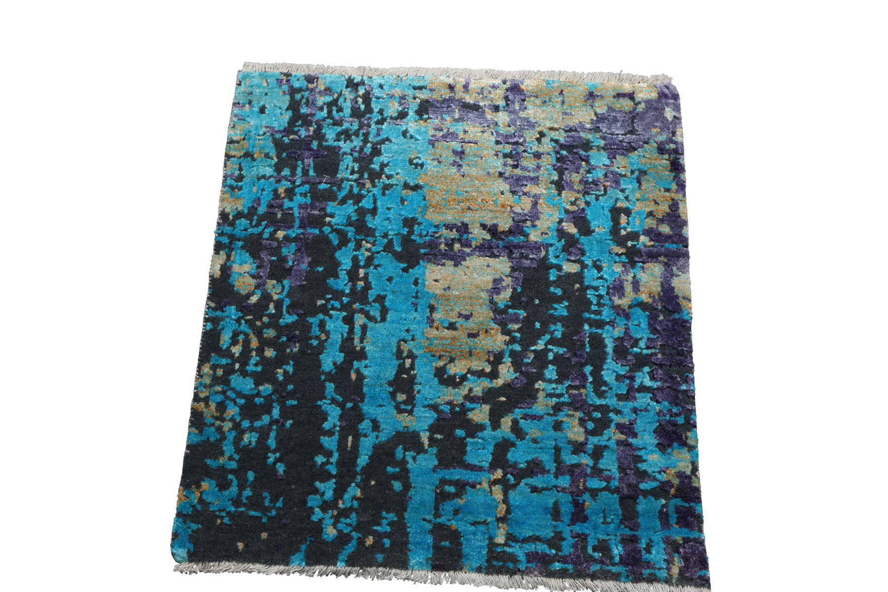 Knotted Rug Turquoise Gray Hand Knotted Square Tibetan Modern Contemporary Wool and Silk Oriental Area Rug