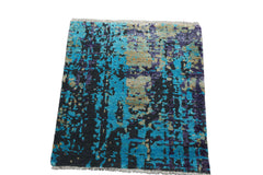 Knotted Rug Turquoise Gray Hand Knotted Square Tibetan Modern Contemporary Wool and Silk Oriental Area Rug