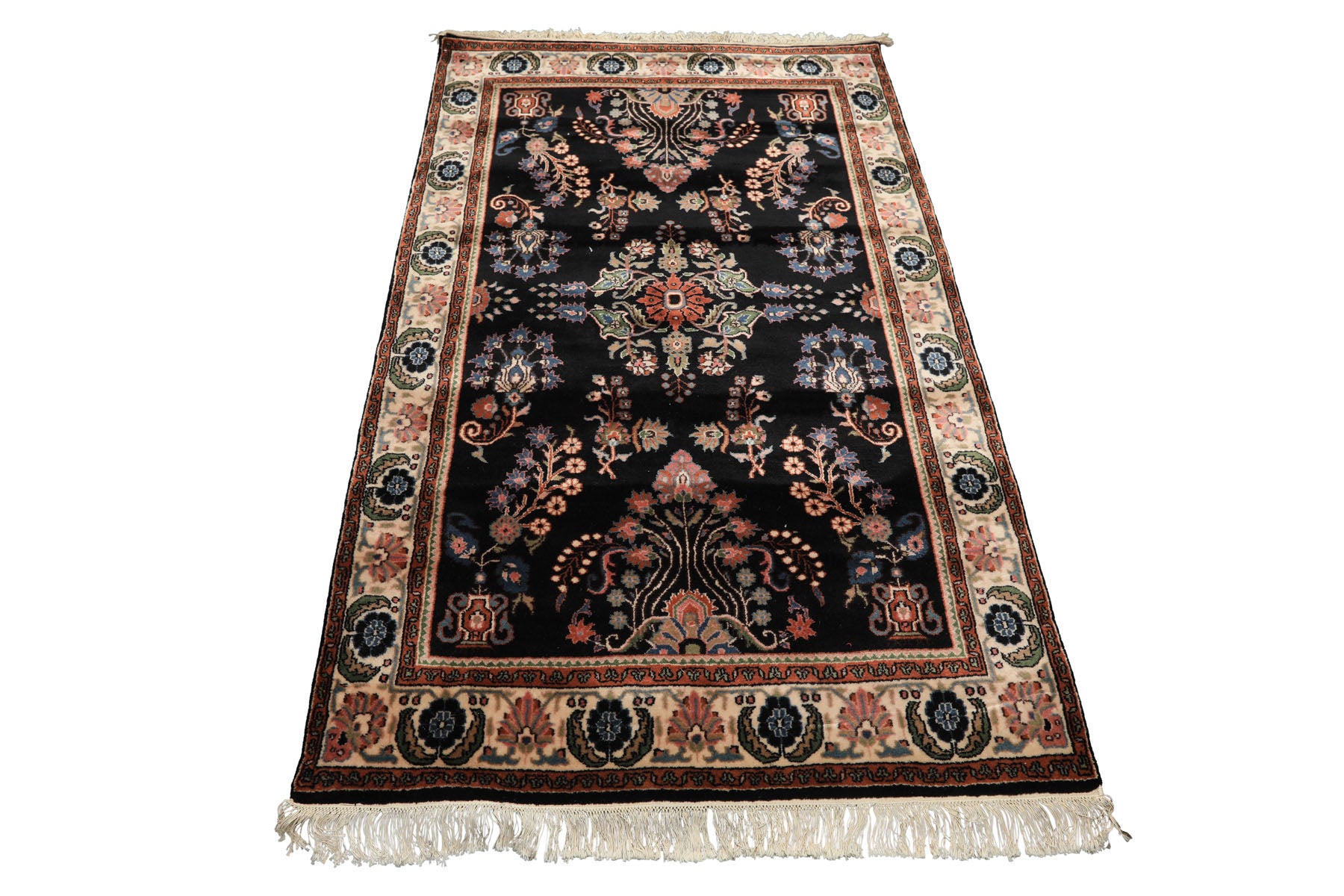 4x6 Black, Ivory, Sage Color Hand Knotted Indo Sarouk New Zealand Wool Traditional Oriental Rug