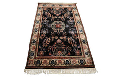 4x6 Black, Ivory, Sage Color Hand Knotted Indo Sarouk New Zealand Wool Traditional Oriental Rug