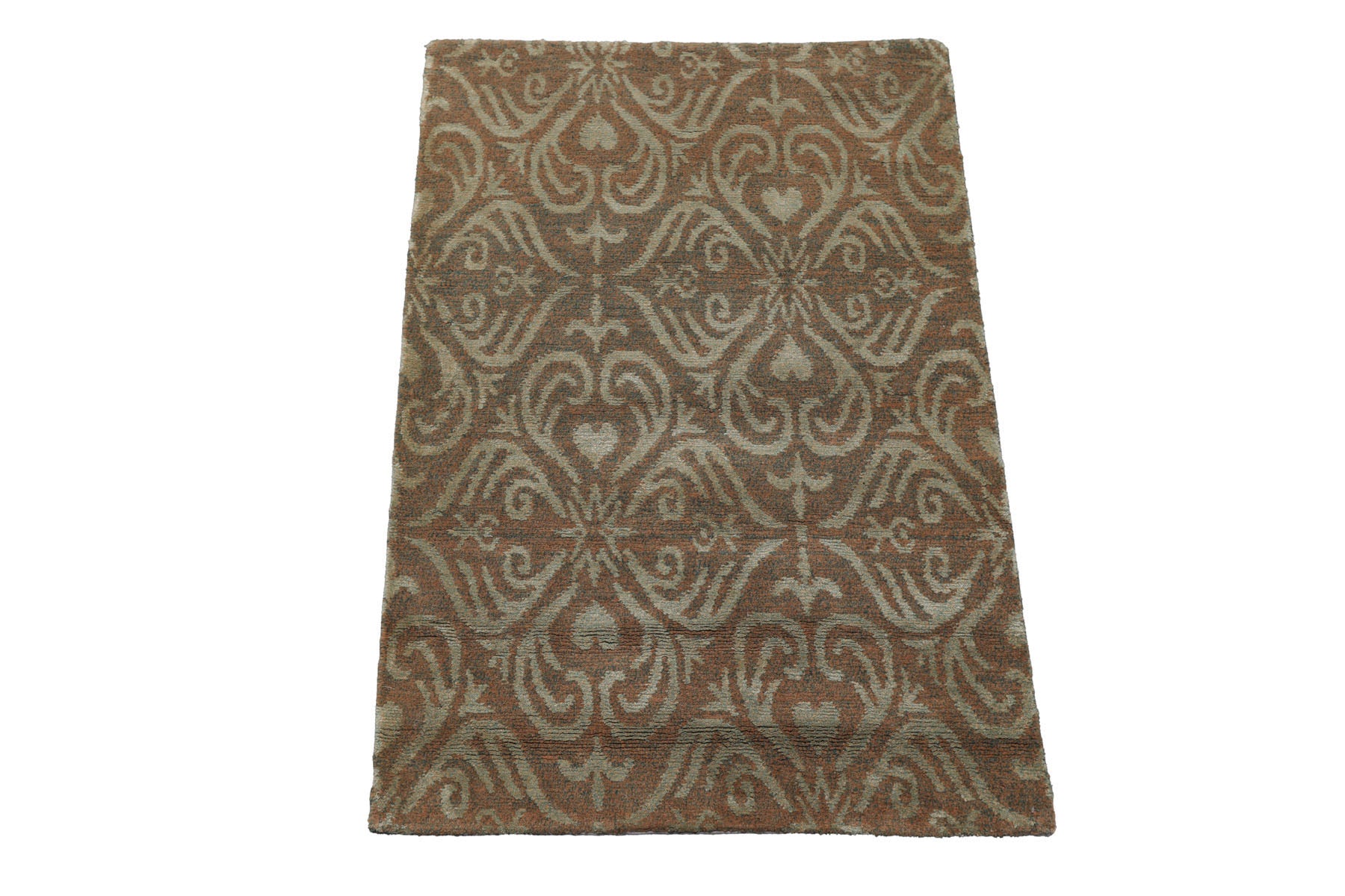 Knotted Rug Tan Green Hand Knotted 2'x3' Tibetan Transitional Wool and Silk Oriental Area Rug