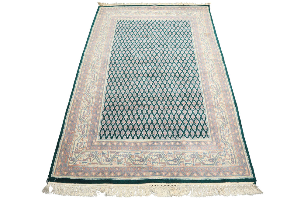 4x6 Emerald, Rose, Ivory Color Hand Knotted  Wool Traditional Oriental Rug