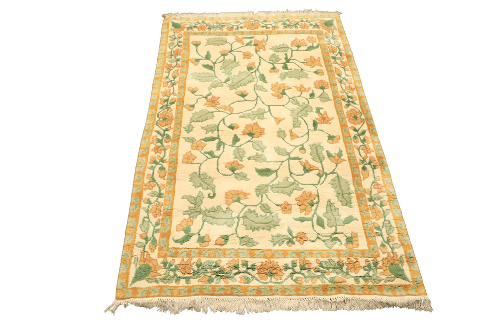 4x6 Ivory, Gold, Green Color Hand Knotted French Aubusson Savonnerie Wool Traditional Oriental Rug