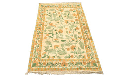 4x6 Ivory, Gold, Green Color Hand Knotted French Aubusson Savonnerie Wool Traditional Oriental Rug