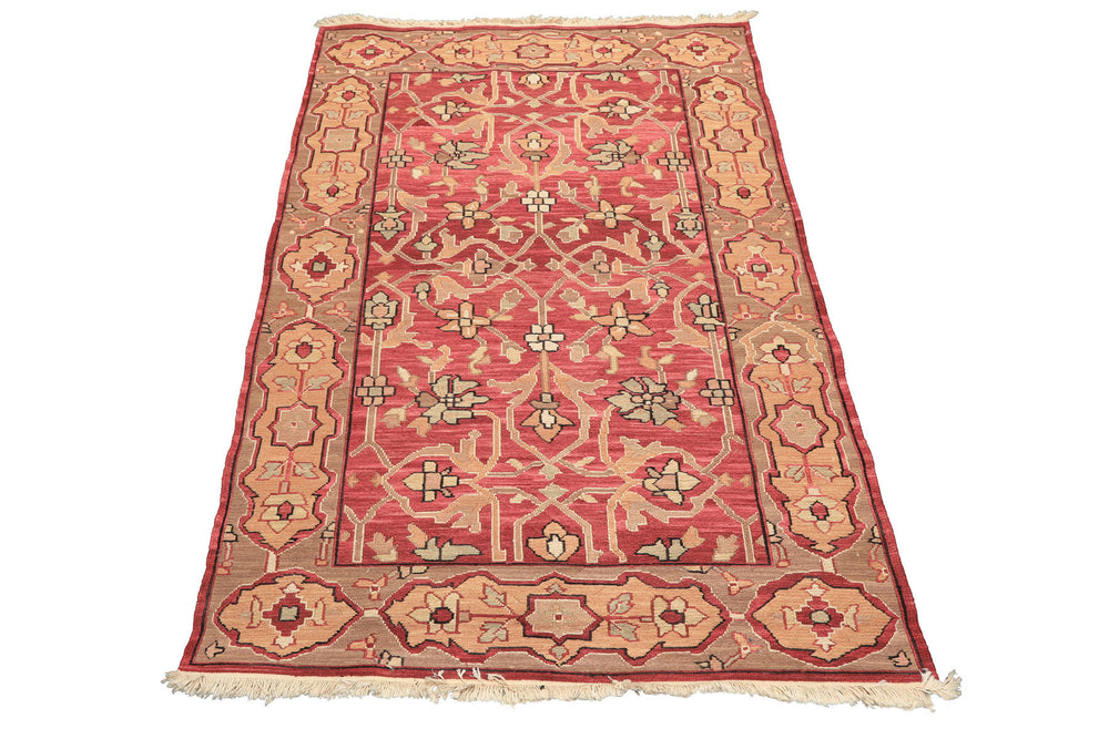4x6 Rose, Tan, Ivory Color Hand Knotted Soumak Wool Transitional Oriental Rug